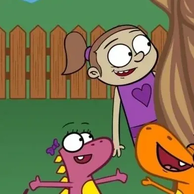 Abigail peeking around a tree, with her pink baby T-Rex
