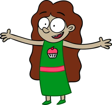 Alexis, a five-year-old girl with long brown hair and a cupcake apron, arms open wide