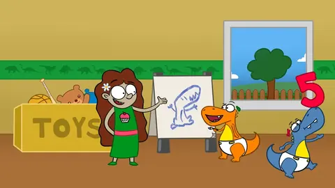 Alexis showing off a T-Rex drawing on an easel in her bedroom while Snap and Daisy watch