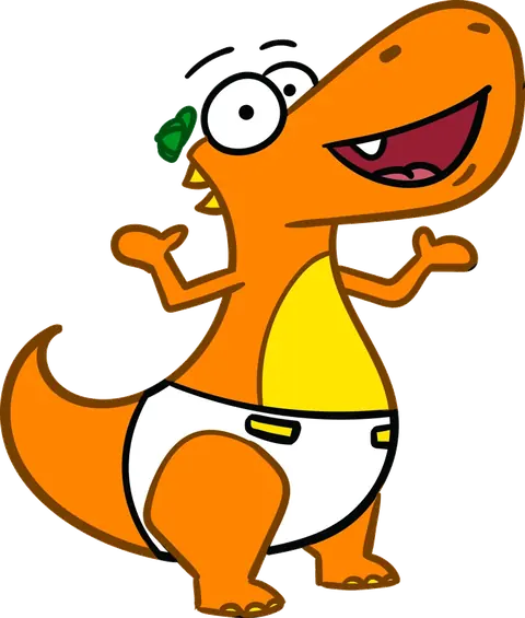 Snap, the orange baby T-Rex, smiling with his arms out